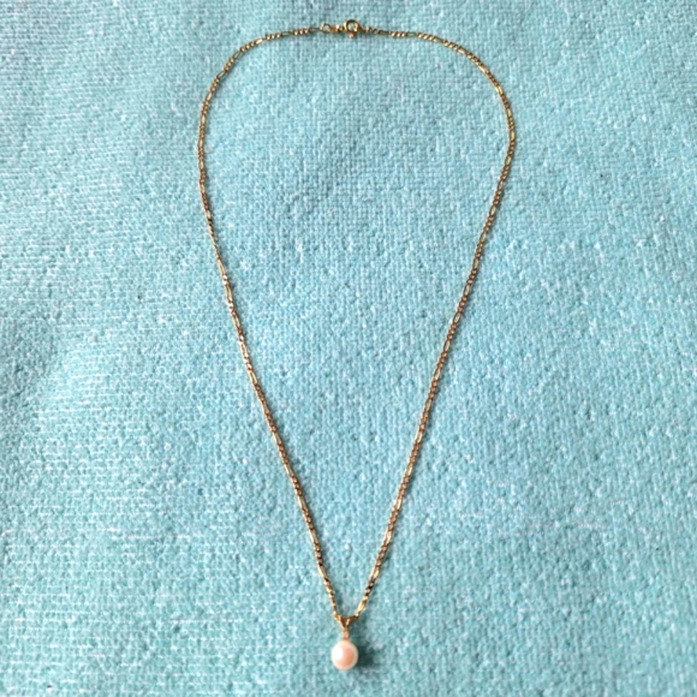 14K Gold Pearl & Diamond Pendant Necklace Authentic Made In Italy